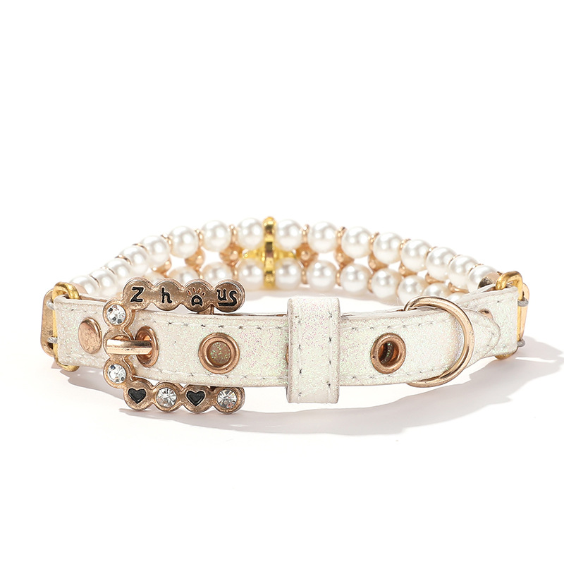 Luxury Pearl Dog Collar with Rhinestone Gold Beetle Accessories, Shiny Leather Dog Collar for Female Puppy Kitten Small Medium Dogs Birthday Gift and 