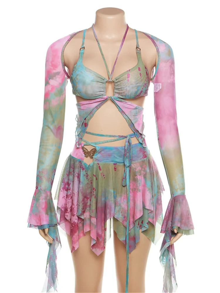 Weird Puss Hollow 3 Piece Set Women Sexy Tie Dye Print Irregular Butterfly CamisoleCrop TopsSkirts Streetwear Matching Outfits 250217