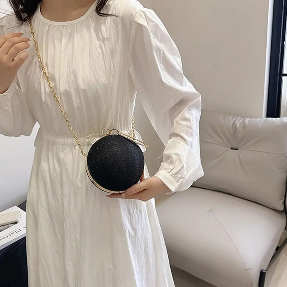 Gold Bright Silk Circular Evening Women Banquet Clutch Decor Chain Shoulder Bags Female Party Handbags y250213Z