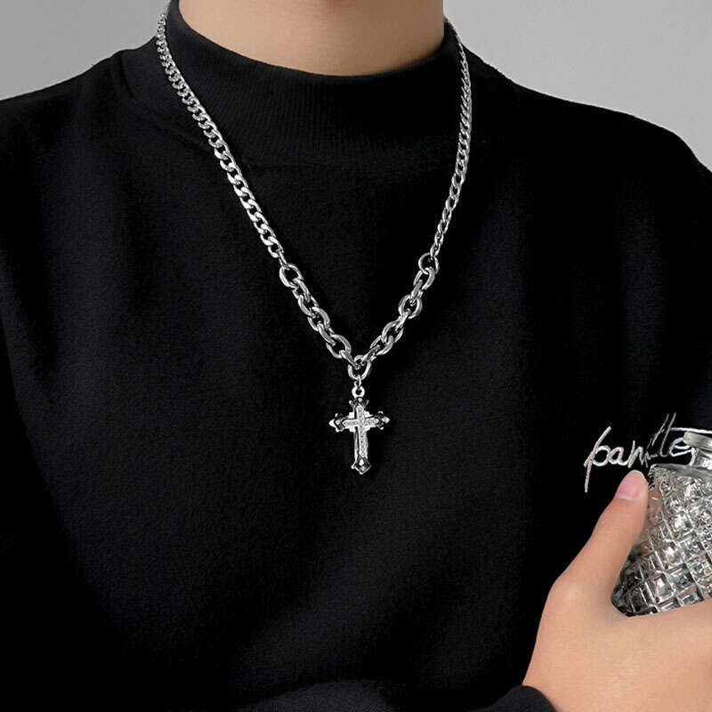 Necklace Men's Instagram Hip Hop Women Cool Trendy Dia Cross Pendant High Street Punk Titanium Steel Versatile Hoodie Chain Accessories