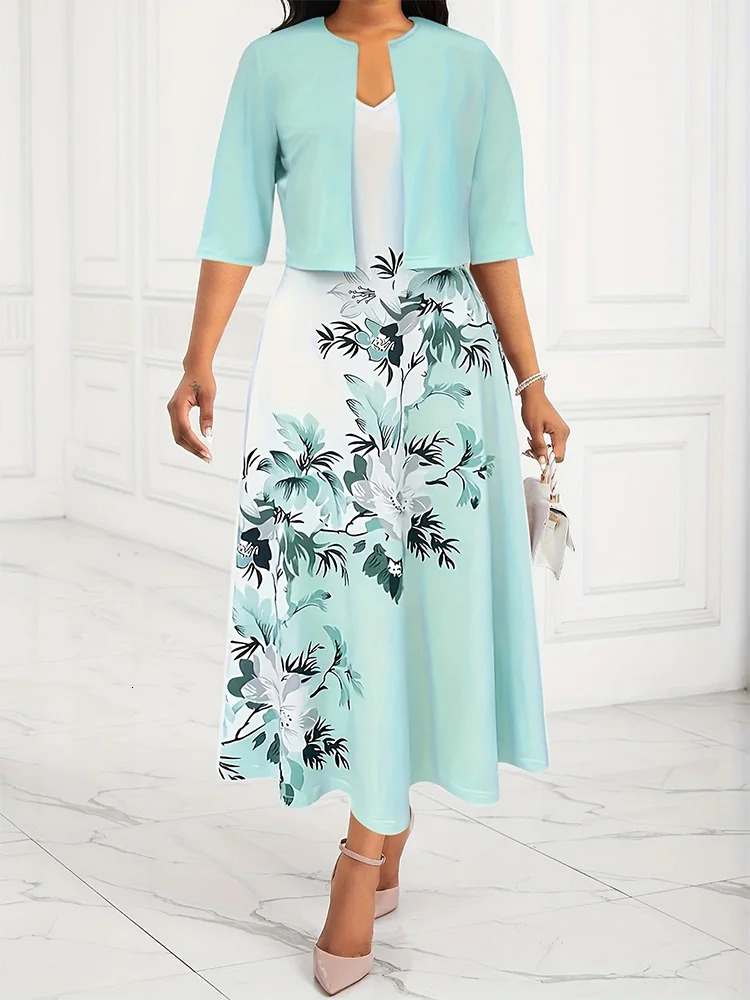 Lady Elegant Maxi Dress Short Sleeve Coat Tank Sleeveless Slim Set Fashion Women plus size Clothing 2Pieces Suit 250214