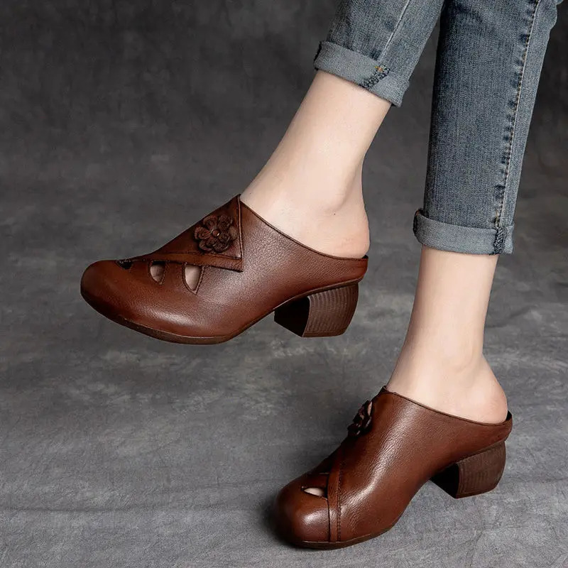 Retro Women Slippers Soft Shoes Close Toe High Heels Slides Black Mules Flip Flops for Summer Medium Heel Slides 250217