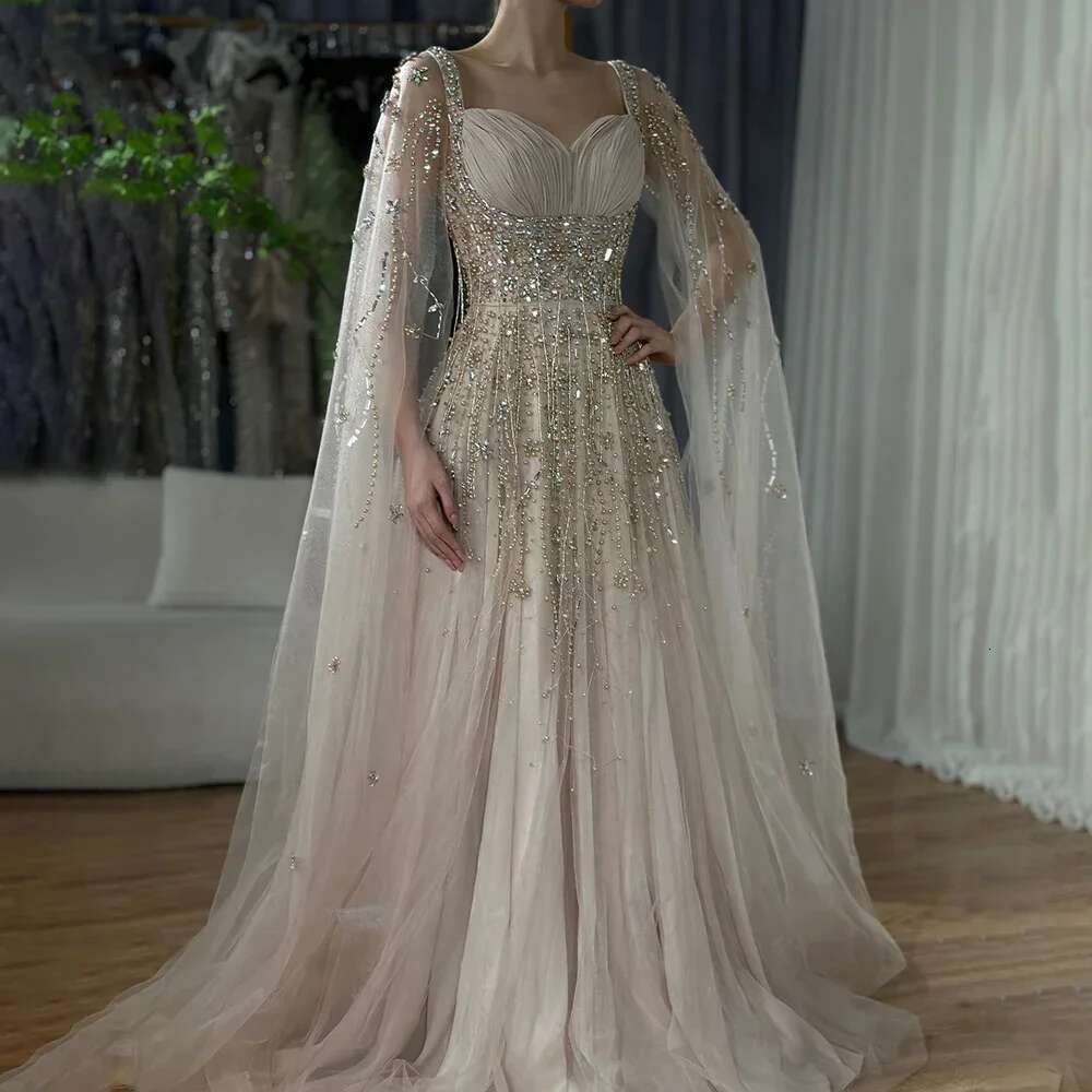 Champagne Arabic Dubai Evening Dress Celebrity Beaded Tassel High Slit Women Evening Party Customize BLA