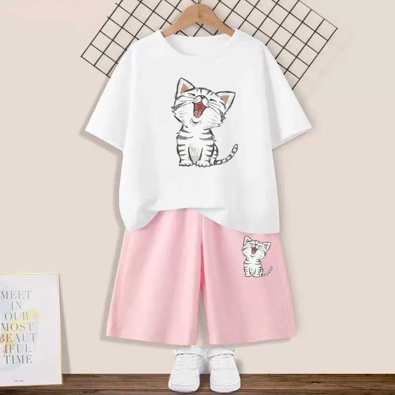 Girl Cute Cat Printed Clothing Set Childrens Summer Fashion Short sleeved T-shirt+Shorts 2-piece Set Childrens Clothing W250218