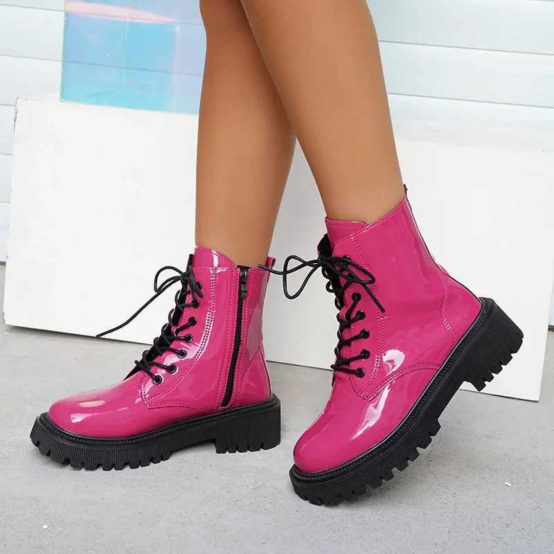 Lucyever 2023 Fi Pink Motorcycle Boots Women Pu Leather Platform Ankle Boots Woman Autumn Winter Plus Size Lace Up ShoesXJ250217