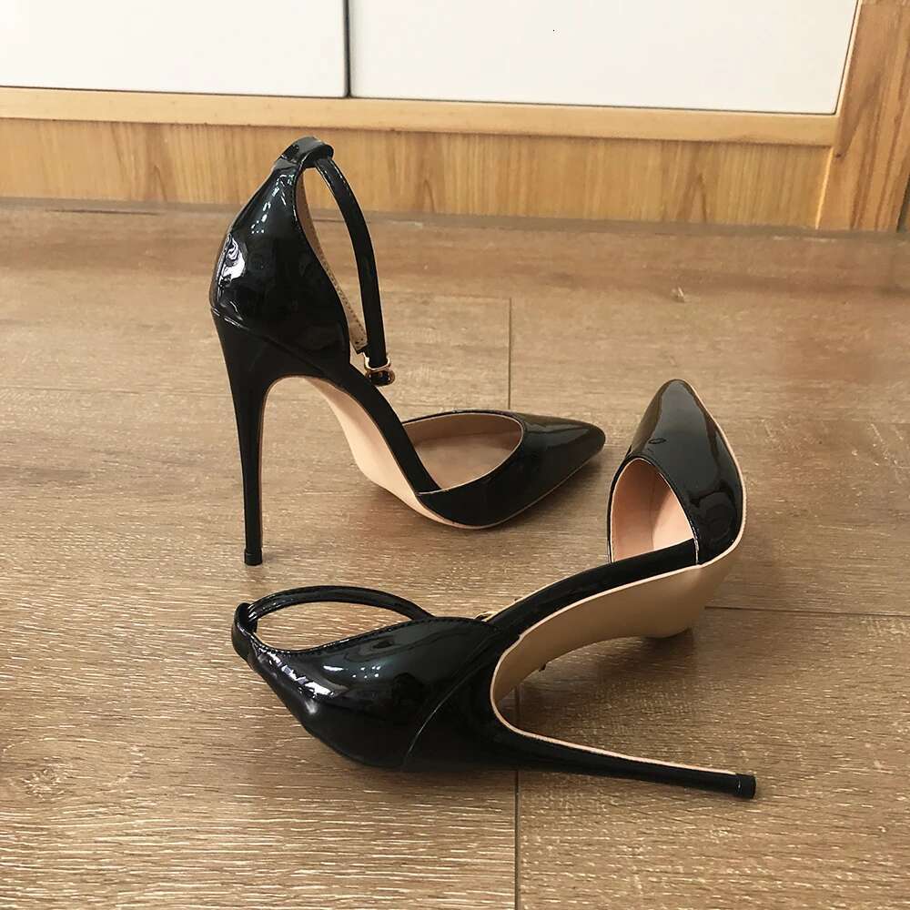 Veowalk Ankle Strap Women D'Orsay Pointed Toe Stiletto Pumps Ladies Solid Dress High Heel Shoes 12cm 10cm 8cm Black White