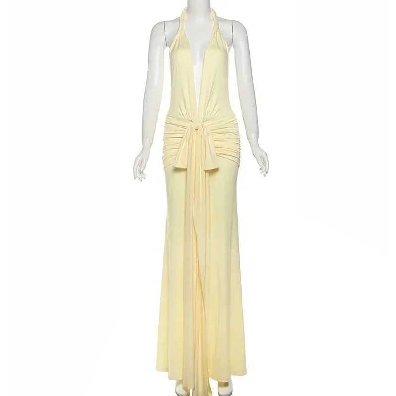 Basic Casual Dresses 2025 Spring Lace Up Ribbon Halter Backless Ruched Bodycon Maxi Evening Party Dress Sexy Dp V-neck Slveless Split Long Robe H25217