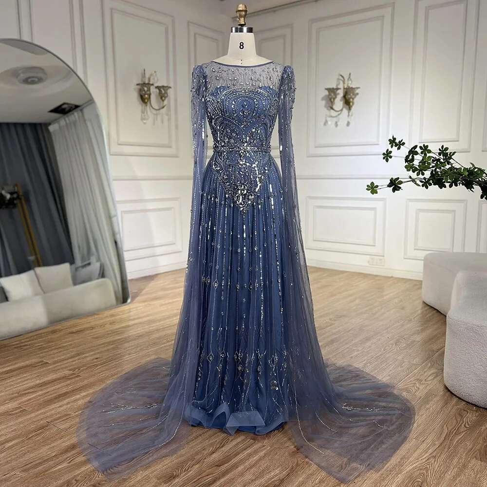 Blue Dubai Cape Sleeves A E Beaded Stone Arabic Evening Gowns Customize Wedding Party BLA rabic vening BL