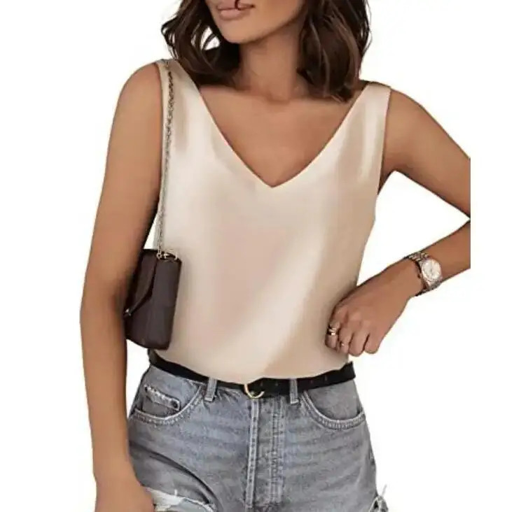 Summer Women Tank Top Tees Sleeveless Silk V Neck Shirts For Fashion Loose Tshirts Casual Shirt Pullover 250214