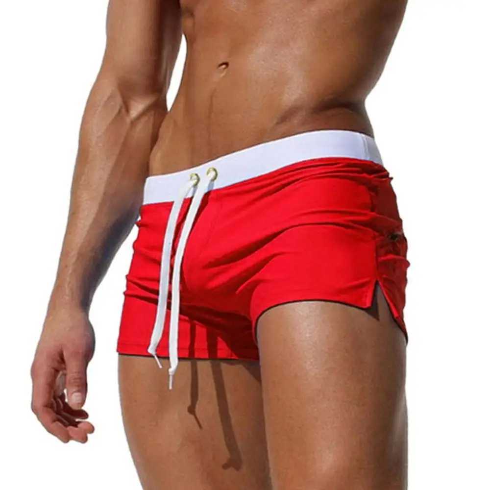 Sexy tight bright red block zipper pocket drawer mens underwear beach swimsuit shorts swim trunks M250218