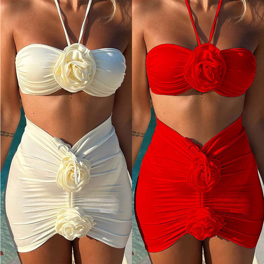 Hot Selg Milk White wer High Quality Beach Vacation Style Three Piece Set for Women, Bikini 2025 New Casual Fashion Trendy Clothing