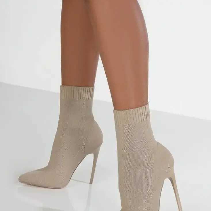 Luxury Women Socks Shoes Streh Fabric Women Ankle Boots Pointed Toe High Heels Slip- Sexy Sock Heeled Chelsea Boots SizeXJ250217