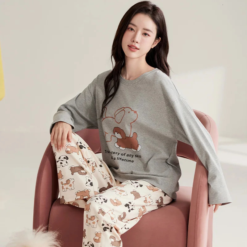 Spring Autumn Women Clothing Cotton Long Sleeves Sleepwear Casual Woman Full Pajamas Sets Pullover Loungewear 2 Pieces Homewear 250213