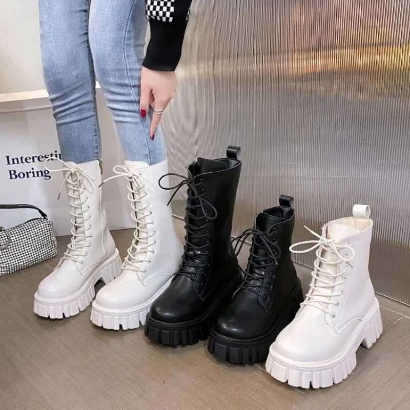 2024Womens Boots Fi Mid Calf Boot PU Leather Casual Boots N-Slip Platform Boots for Women Lace Up Ankle Boot Botas MujerXJ250217