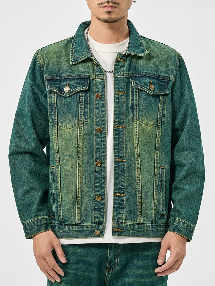 Vintage Loose Green Denim Jacket for Men HighEnd American Casual Wear 250214