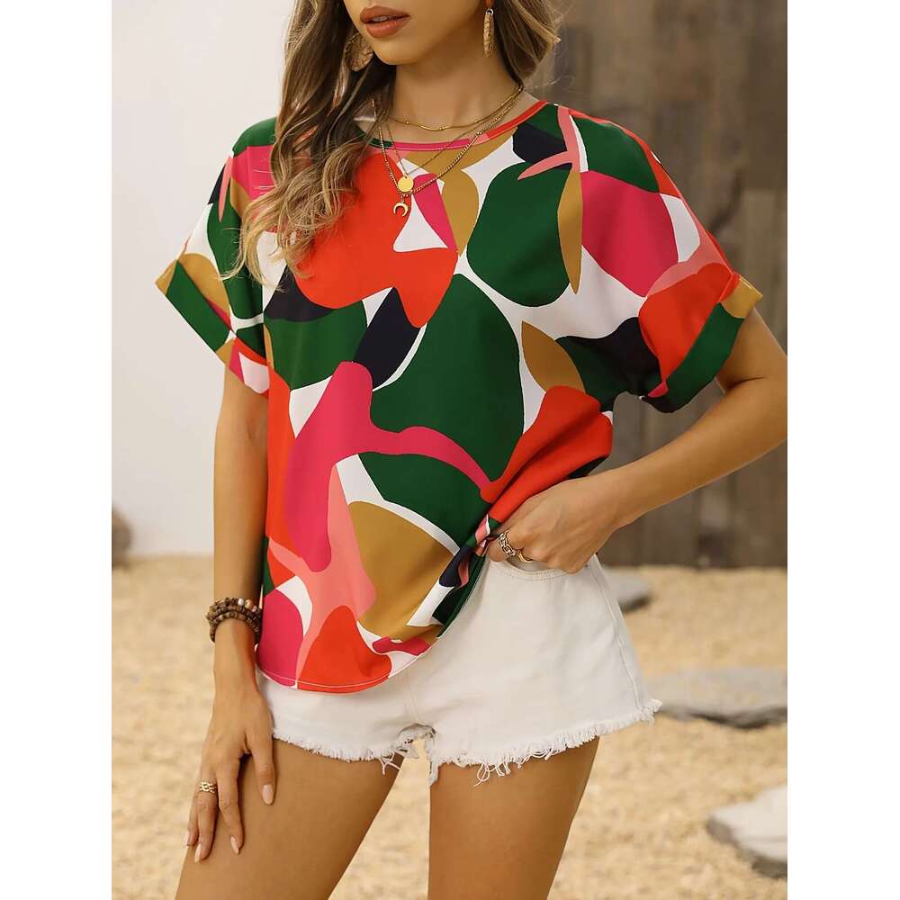New Elegant Red Short Sleeved Shirt, Women's Clothing