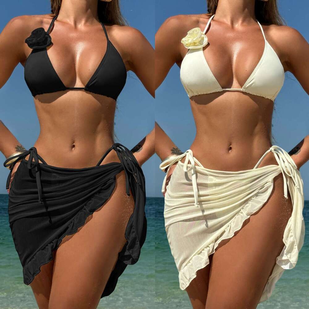 2025 New Solid Color Sexy Rose Three Piece Set Mesh Short Skirt Swimsuit Bikini Bathing Suits Designer Bathing Suit Swim Womens Swimwear New Arrival N