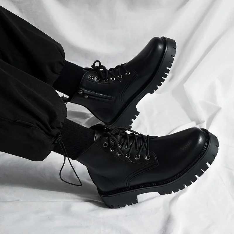 Mens N-slip Leather Boots Waterproof Round Toe Casual Lace-up Footwear Thick Sole Comfortable High Top Shoes Botas HombreXJ250217