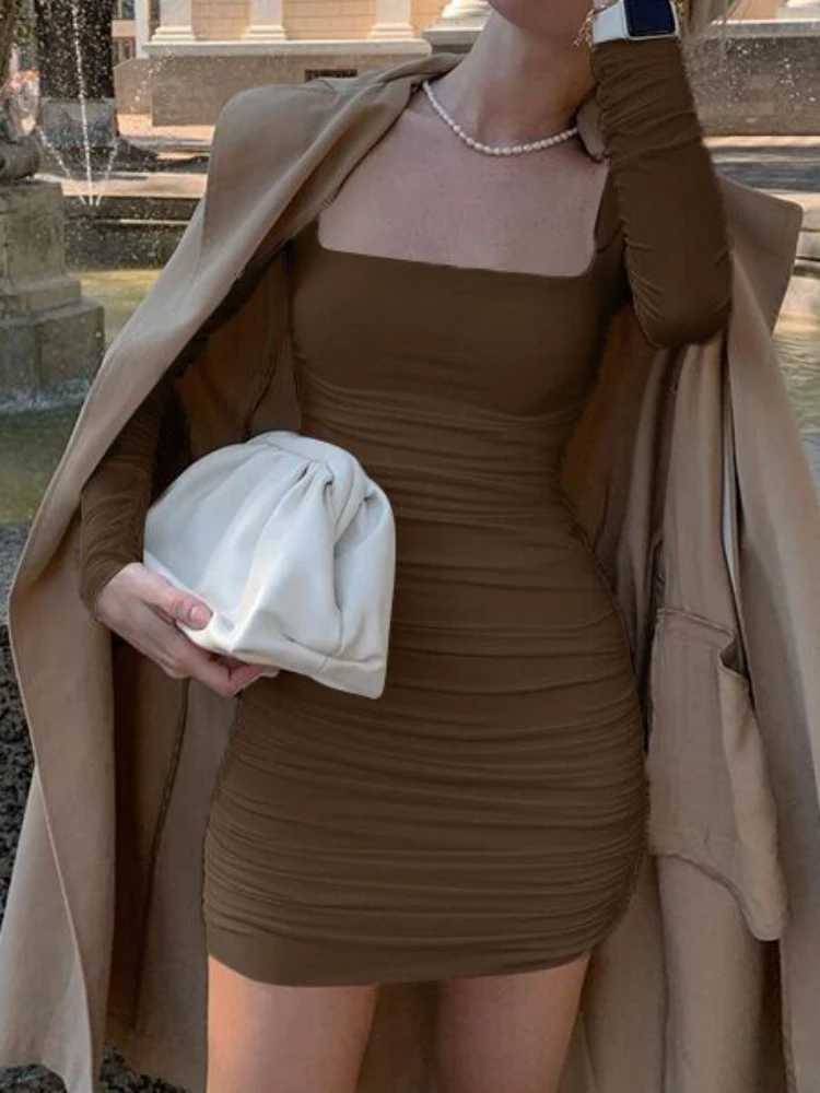Basic Casual Dresses Elegant Square Collar Long Slves Folds Slim Bodycon Dress Women Solid Color Skinny Mini Dress Sexy Club Party Vestidos H25217