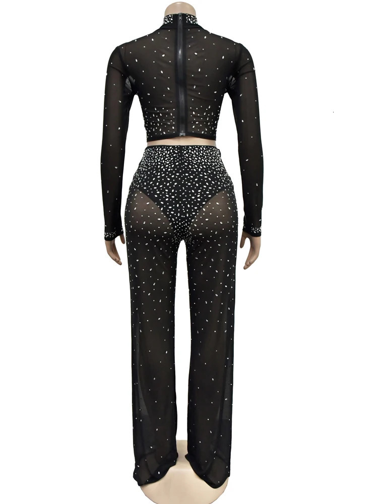 Beyprern Womens Black Sheer Mesh Rhinestone Crop Top And Wide Legs Pants Set Sparkle Crystal Tracksuit Birthday Outfit 250217