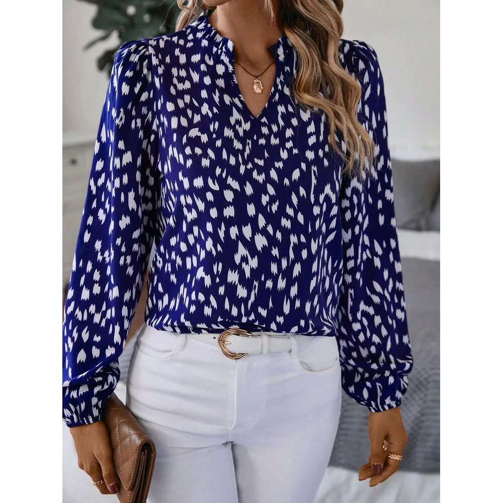 Elegant Notched V-Neck Long Sleeve Full Printed Casual Fashion Women's Shirt