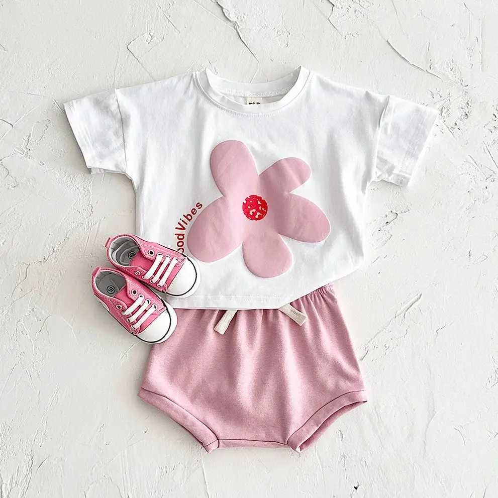 Toddler Boys Outfit Baby Clothes Set Newborn Baby Summer Clothing Cotton Girl Suit Sun Flower Print T-shirt+Beach Shorts W250218