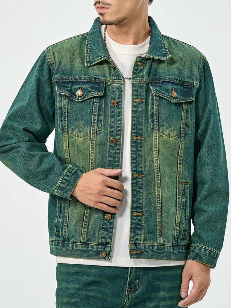 Vintage Loose Green Denim Jacket for Men HighEnd American Casual Wear 250214