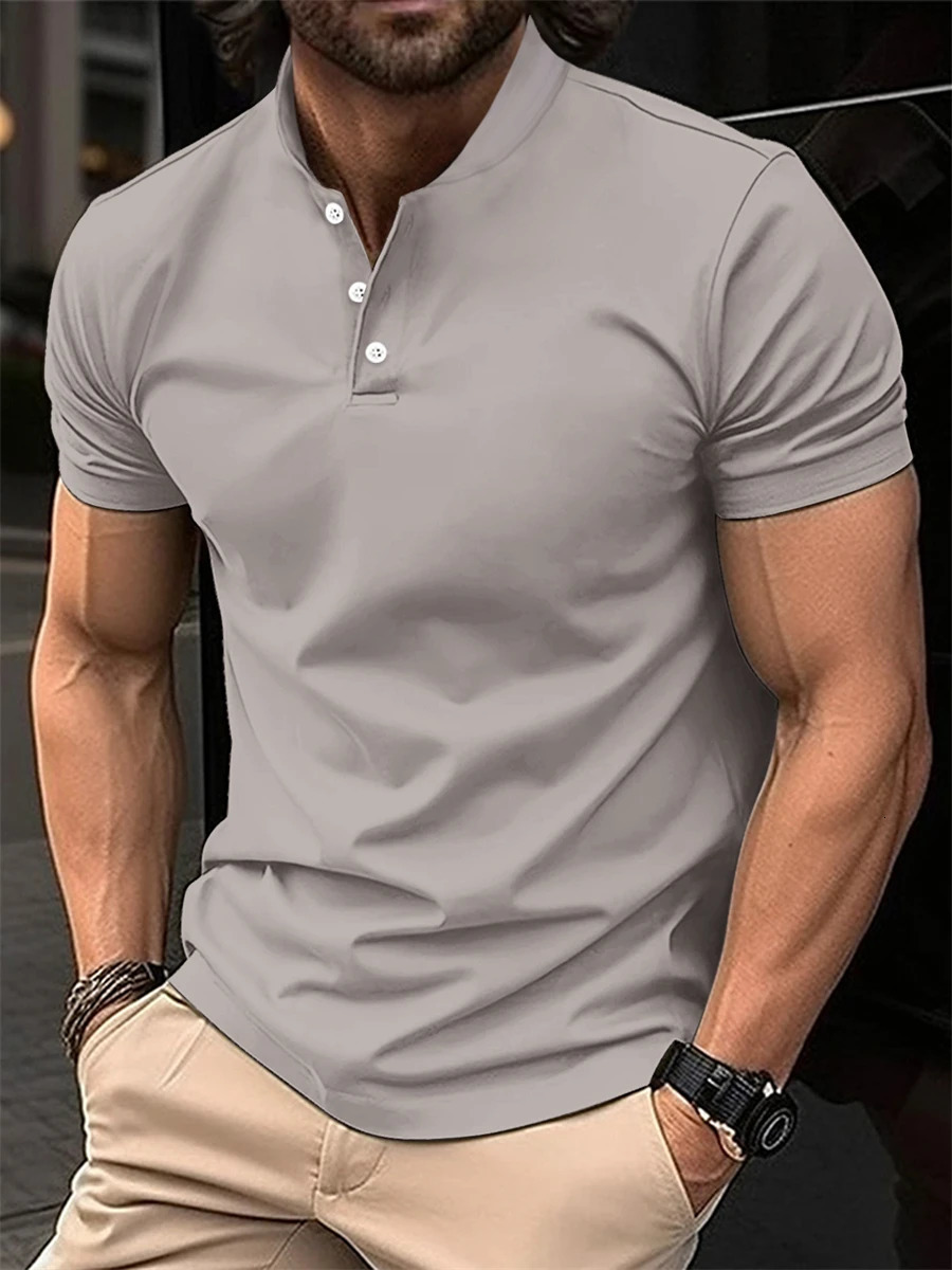 SpringSummer Mens Short Sleeved Neck Tshirt Solid Color Casual Polo Shirt Trendy Breathable Loose Top 250213