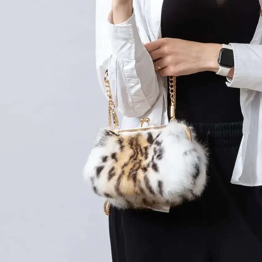 Natural real rabbit fur handbag women pearl purse elegant bag mini 2024 winter furry for party wedding white Leopard print