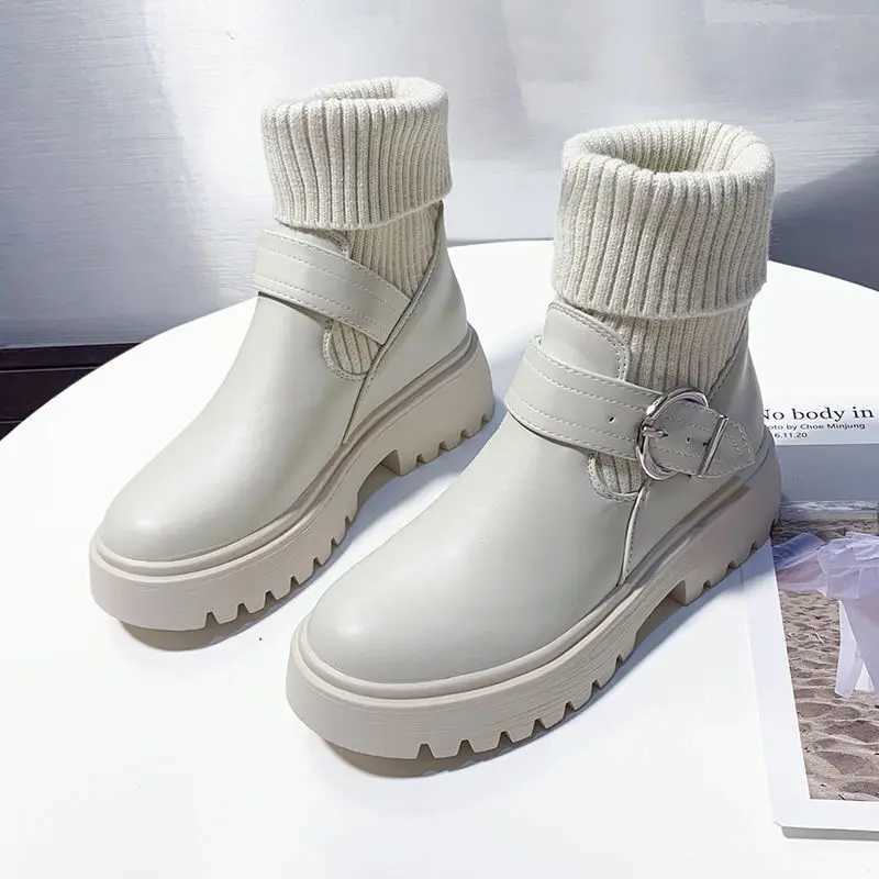 Short Shoes for Women Chunky Mary Janes Footwear White Booties Lolita Sock Female Ankle Boots Platform Elastic Trend 2024 New InXJ250217