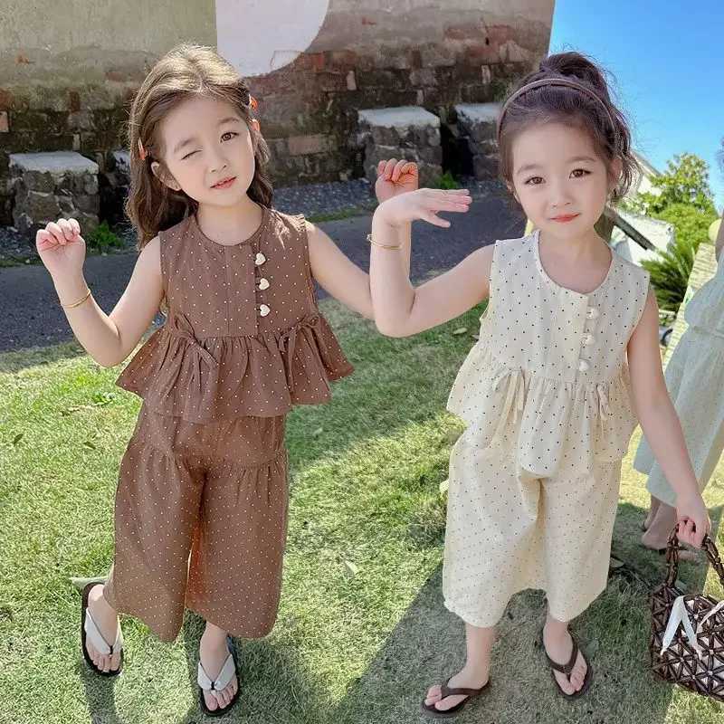 Baby girl casual clothing summer sleeveless polka dot top+wide leg pants set with bow and Burton 2PCS set childrens clothing W250218