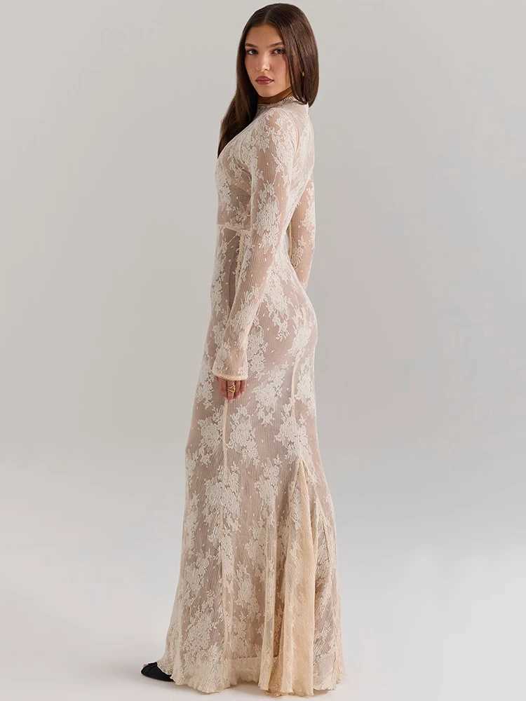 Basic Casual Dresses Fantoye Print Floral Peach Lace Maxi Dress Women Long Slve Round Neck Dress Female Winter Slim Elegant Partywear Vestidos 2024 H2