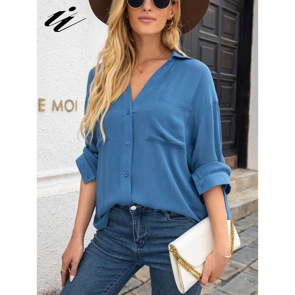 II Long Sleeve Cotton En Blouses Shirts Button Down Solid Loose Female Tunic Casual V Neck Spring Summer Cardigan Women's Top