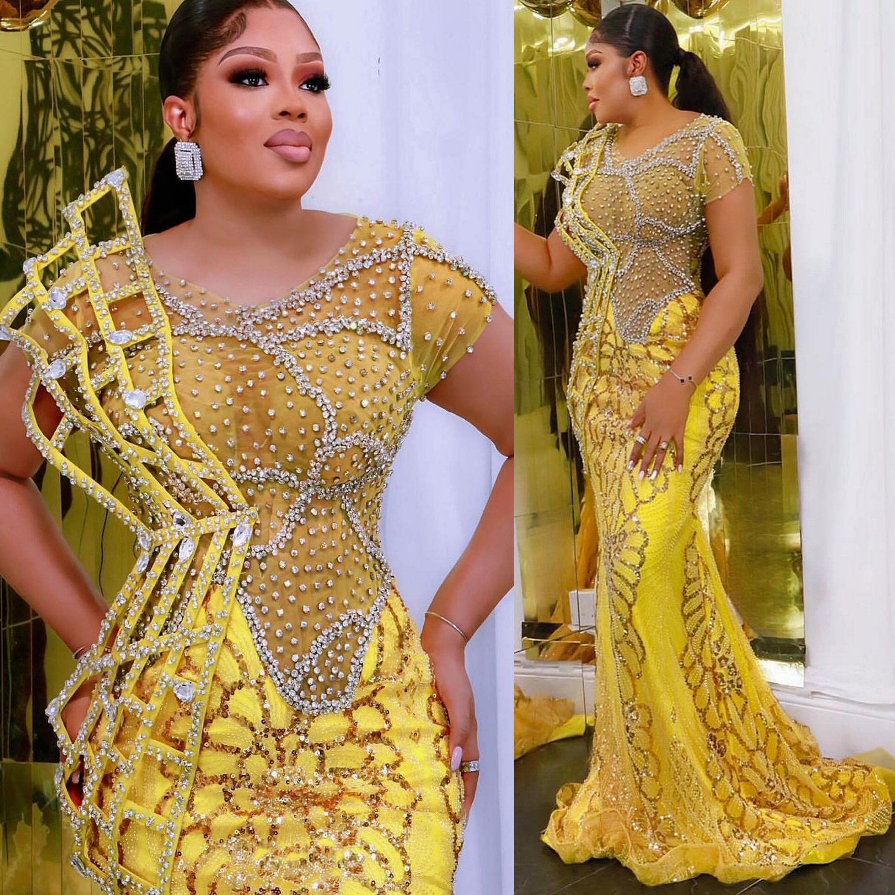 Aso Ebi 2025 Yellow Mermaid Prom Dresses Crystals Beaded Short Sleeves Sequined Evening Formal Party Second Reception Birthday Gowns Dress For Special