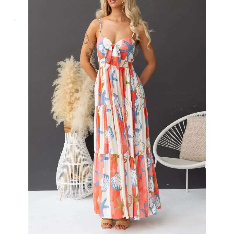 2025 Spring Summer New Women's Sexy High Waist Printed Lace Up Dress, Casual Split A-E Skirt, European And American