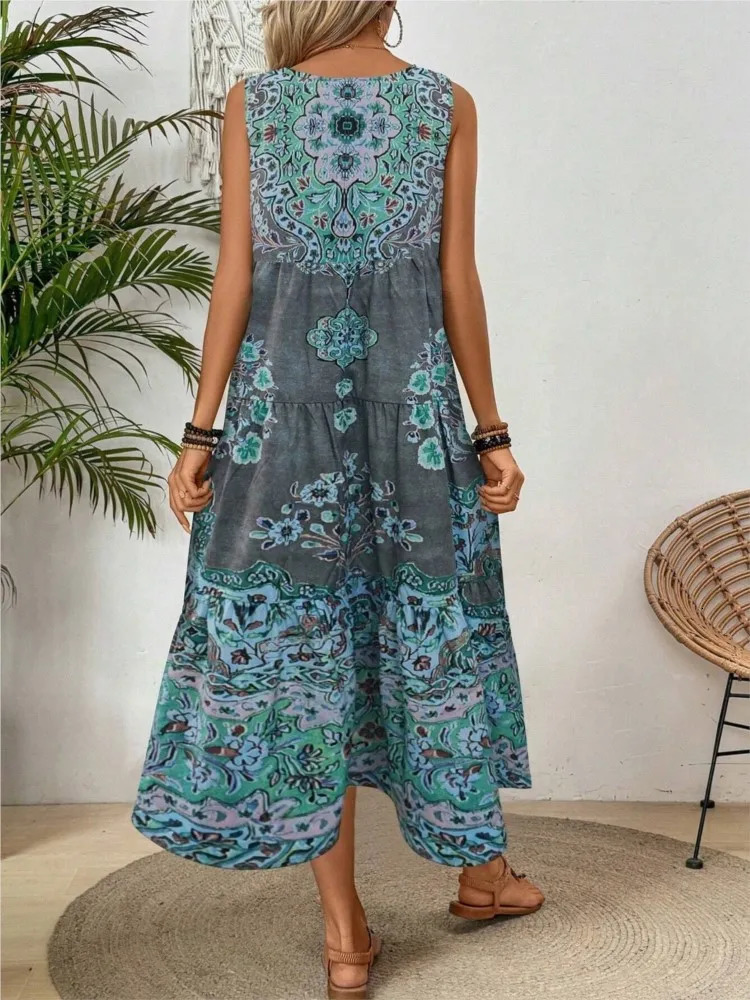 Womens Bohemian Holiday Dress Fashion Printed O-neck Sleeveless Dress Womens Casual Retro Beach Loose Dress Womens Summer Style 250213