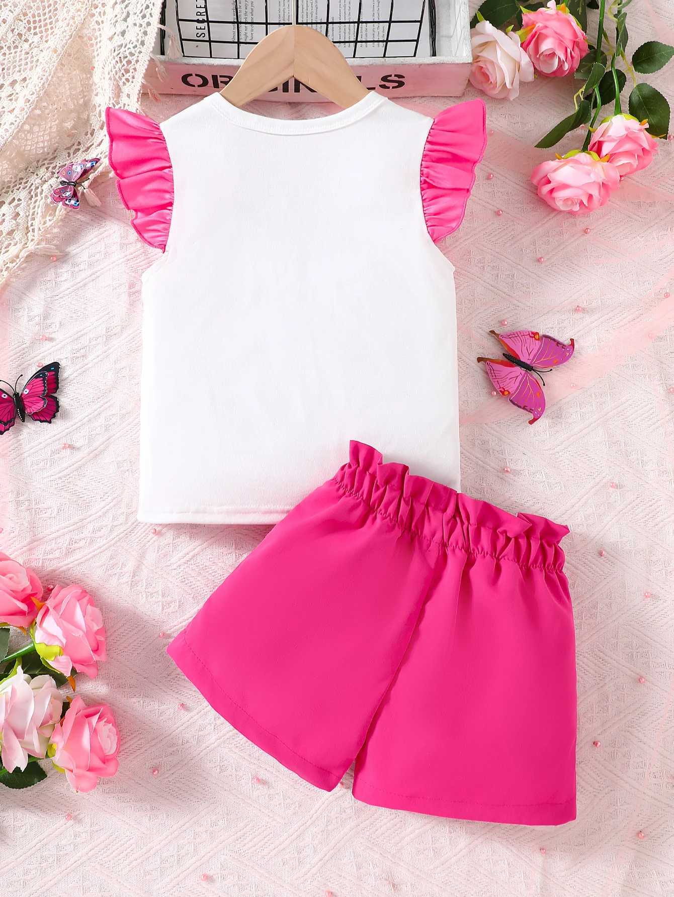 Summer girls short sleeved shorts two-piece set sleeveless T-shirt and shorts set butterfly print T-shirt solid color shorts W250218