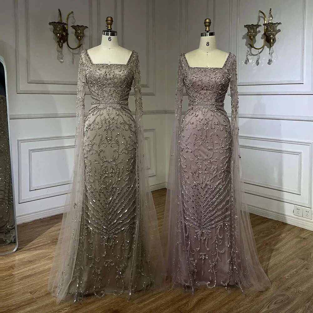 Caramel Arabic Mermaid Long Evening Dress With Beaded Cape Sleeves Gown Evening Party Customize