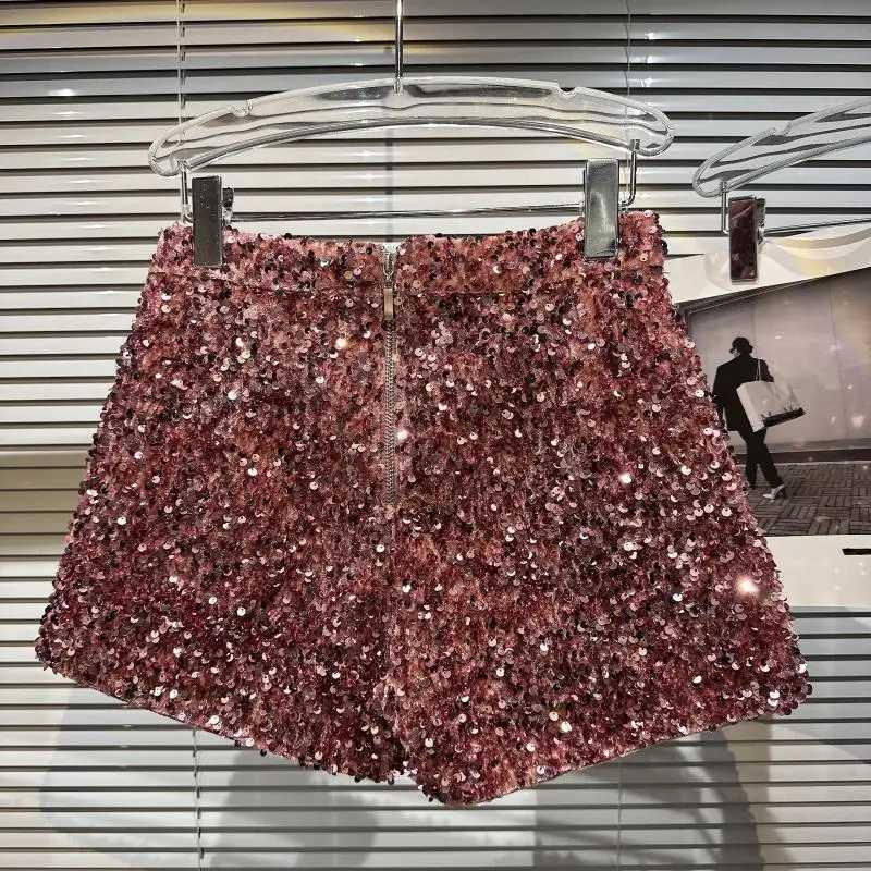 New Clubwear Shorts Ladies Sexy Sequins Shorts Loose High Waist Streetwear Wide Leg Short Pants Sr Black Women ClothingXJ250217