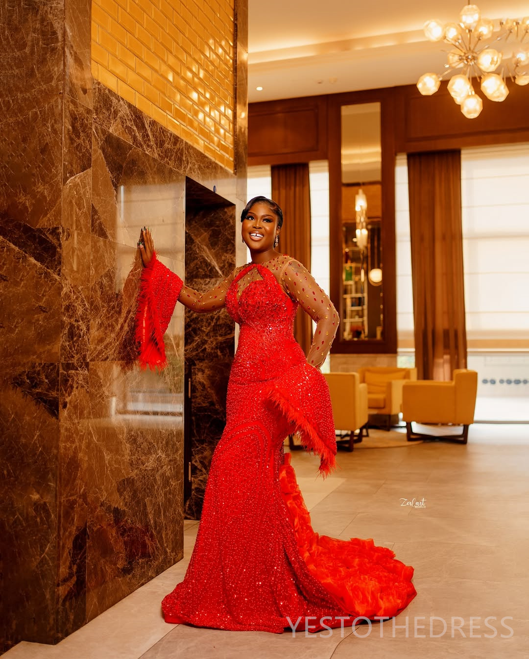 2025 Plus Size Red Prom Dresses Mermaid Evening Dresses Sheer Neck Long Sleeves Illusion Beaded Lace Feather Crystals Birthday Dress Second Reception 