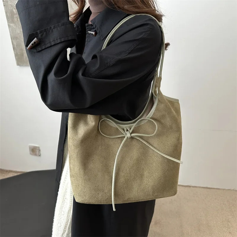 Fashion Bow n Shoulder Bags for Women Vintage Faux Suede Ladies Underarm Tote Bag Female Large Capacity Handbags 250206