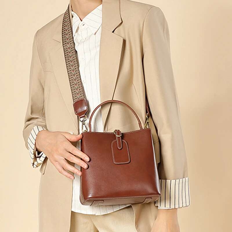 Toptrends 3 Layers Real Genuine Leather Bucket Small Tote Handbags For Women 2024 Designer Ladies Shoulder Crossbody Bags