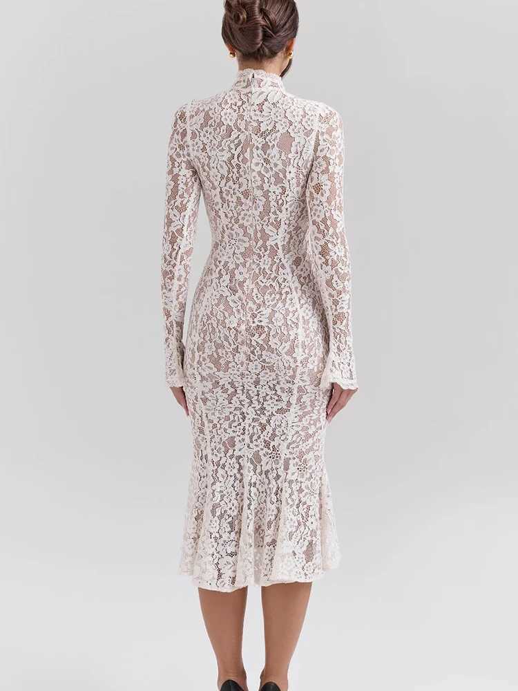 Basic Casual Dresses Fantoye Print Floral Round Neck Lace Women Midi Dress Long Slve Double Layer Dress Female Winter New Elegant Party Outfit 2024 H2