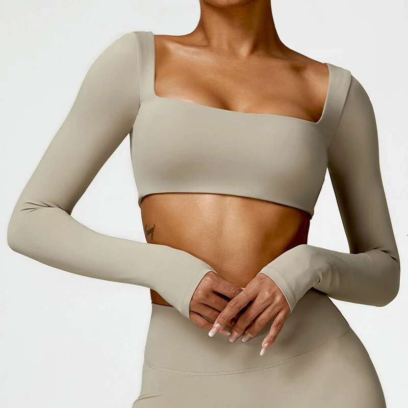 Hearuisavy Casual Quick Dry Sportswear Square Neck Gym Women Fiess Sports Crop Top Female Long Sleeve Yoga Clothing