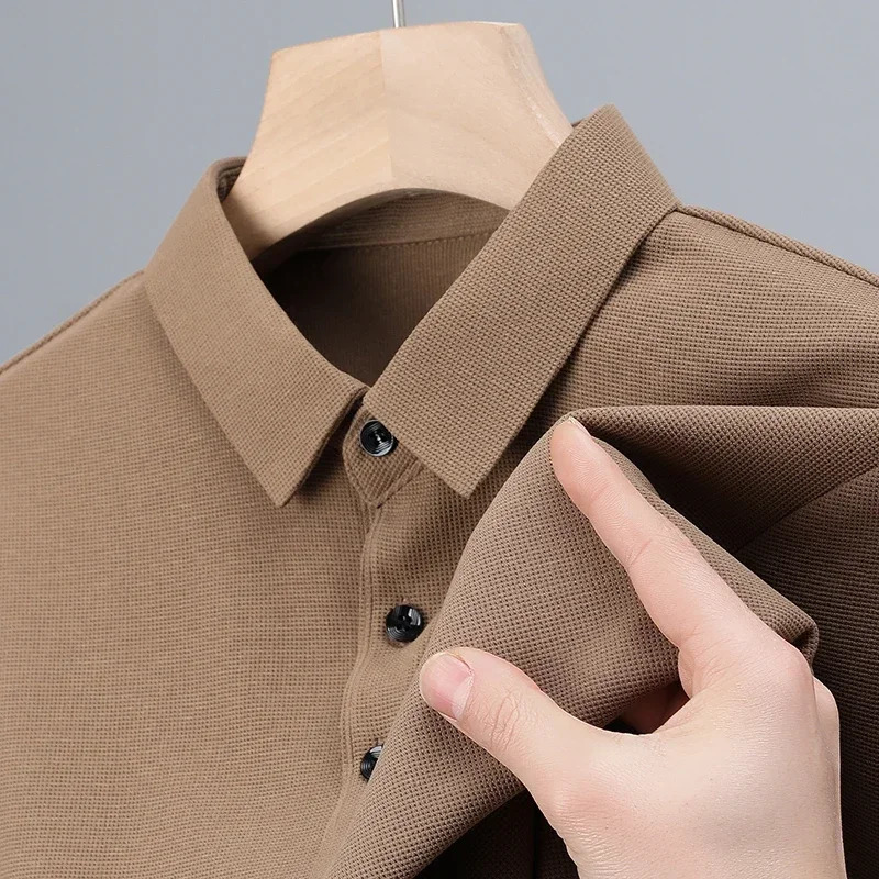 Mens Fashion Waffle Solid Long Sleeved Polo Shirt Summer Breathable Comfortable Top 250217