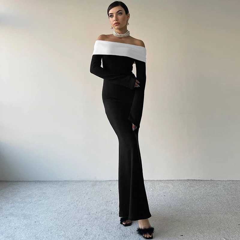 Basic Casual Dresses Lygens Off The Shoulder Hollow Out Halter Mermaid Long WomenS Dresses Y2K Elegant Evening Prom Ladies Dress Casual Clothes H25217