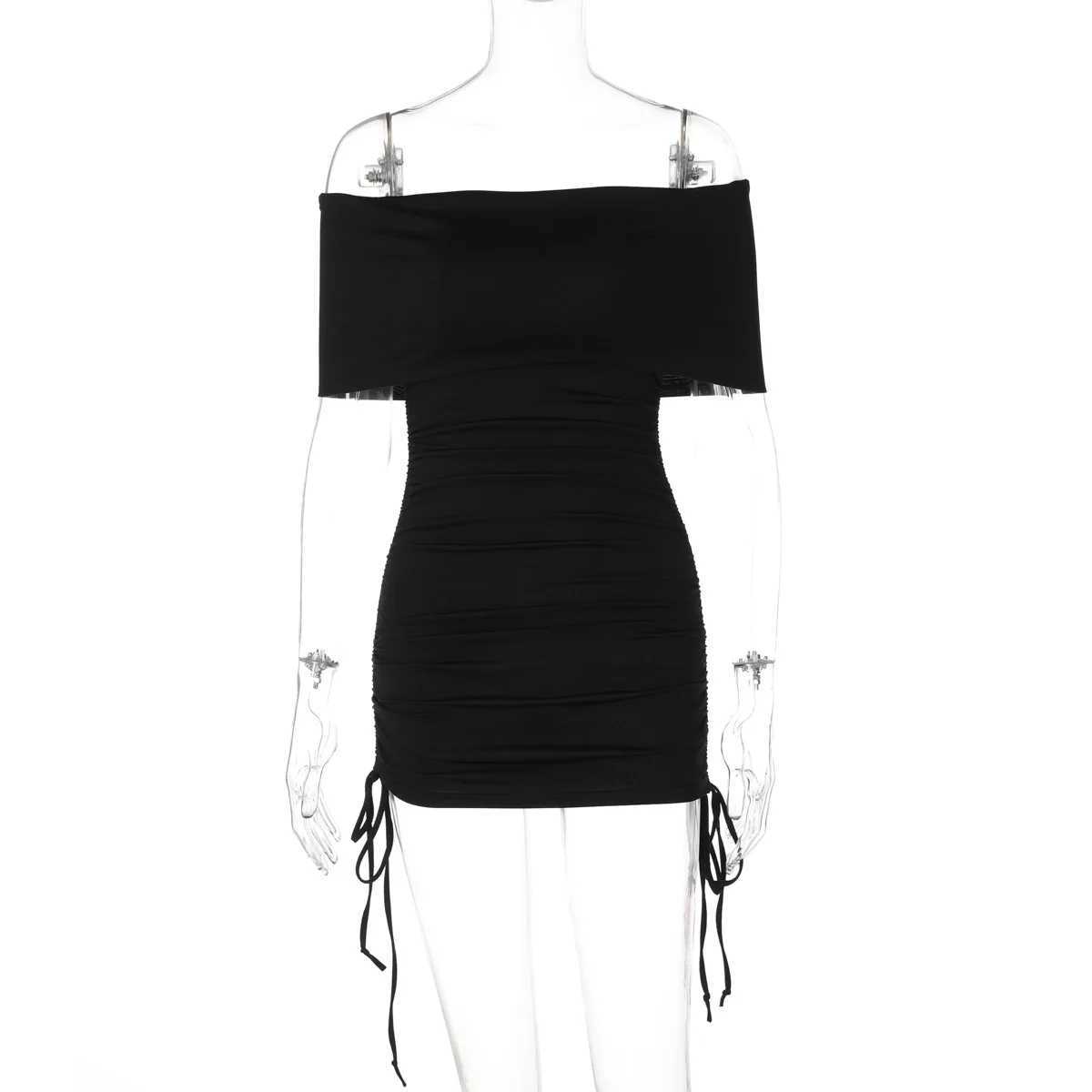 Basic Casual Dresses Lygens Off The Shoulder Short Bodycon Shirring Elegant Evening WomenS Dresses Y2K Strtwear Fashion Korean Casual Clothing H25217