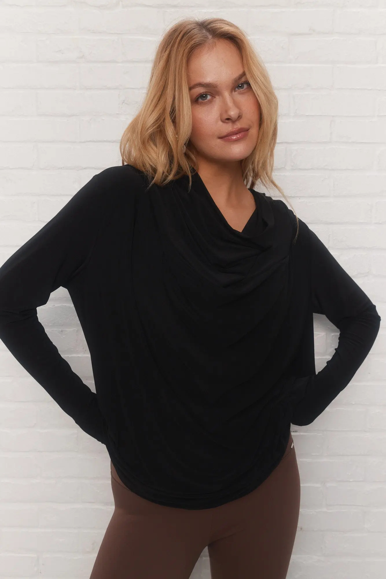 Stylish Black Loose Hooded Draped Neckline Sweater Long Sleeves Top for Women
