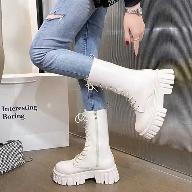 2024Womens Boots Fi Mid Calf Boot PU Leather Casual Boots N-Slip Platform Boots for Women Lace Up Ankle Boot Botas MujerXJ250217