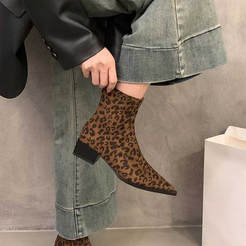 Designer Leopard Women Ankle Boots Fi Pointed Toe Short Booties Ladies Ccise Square Heels ShoesXJ250217